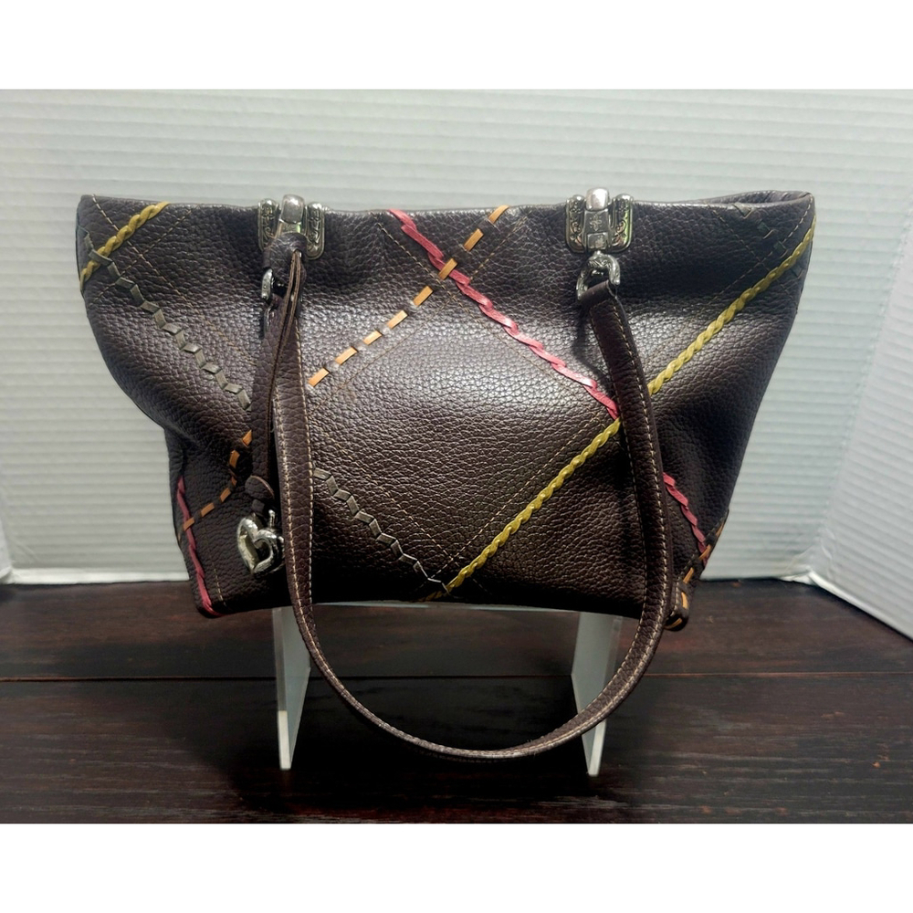 Brighton Margie Brown Pebbled Leather Colorful Stitching Handbag